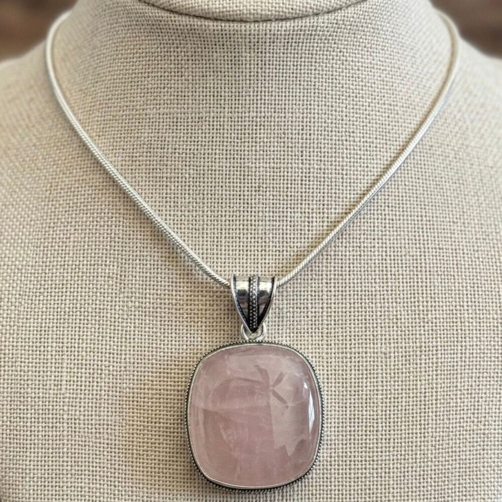 Natural Rose Quartz Pendant Necklace Silver Filigree Setting Gemstone Jewelry